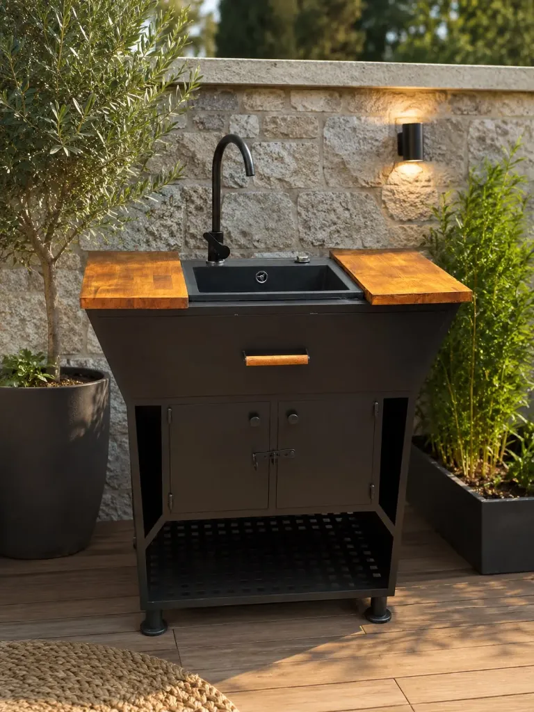 Outdoor furniture with sink – 3 mm steel and wooden countertop