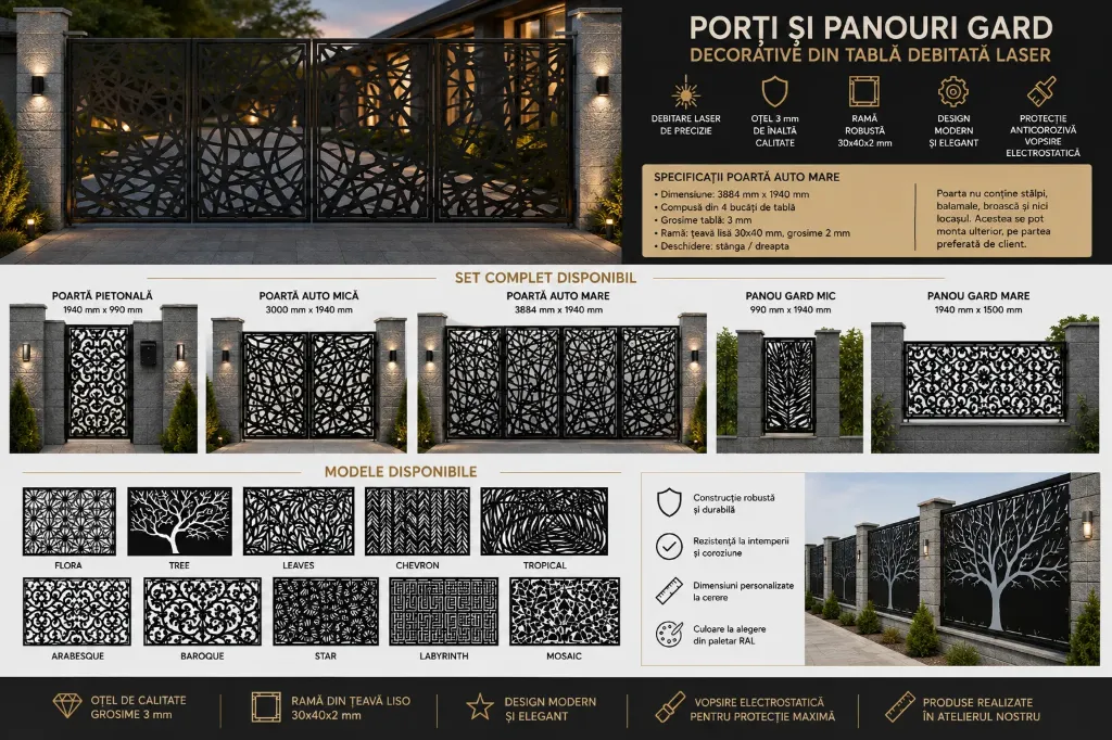 Poartă Auto Mare Decorativă din Oțel – Debitare Laser